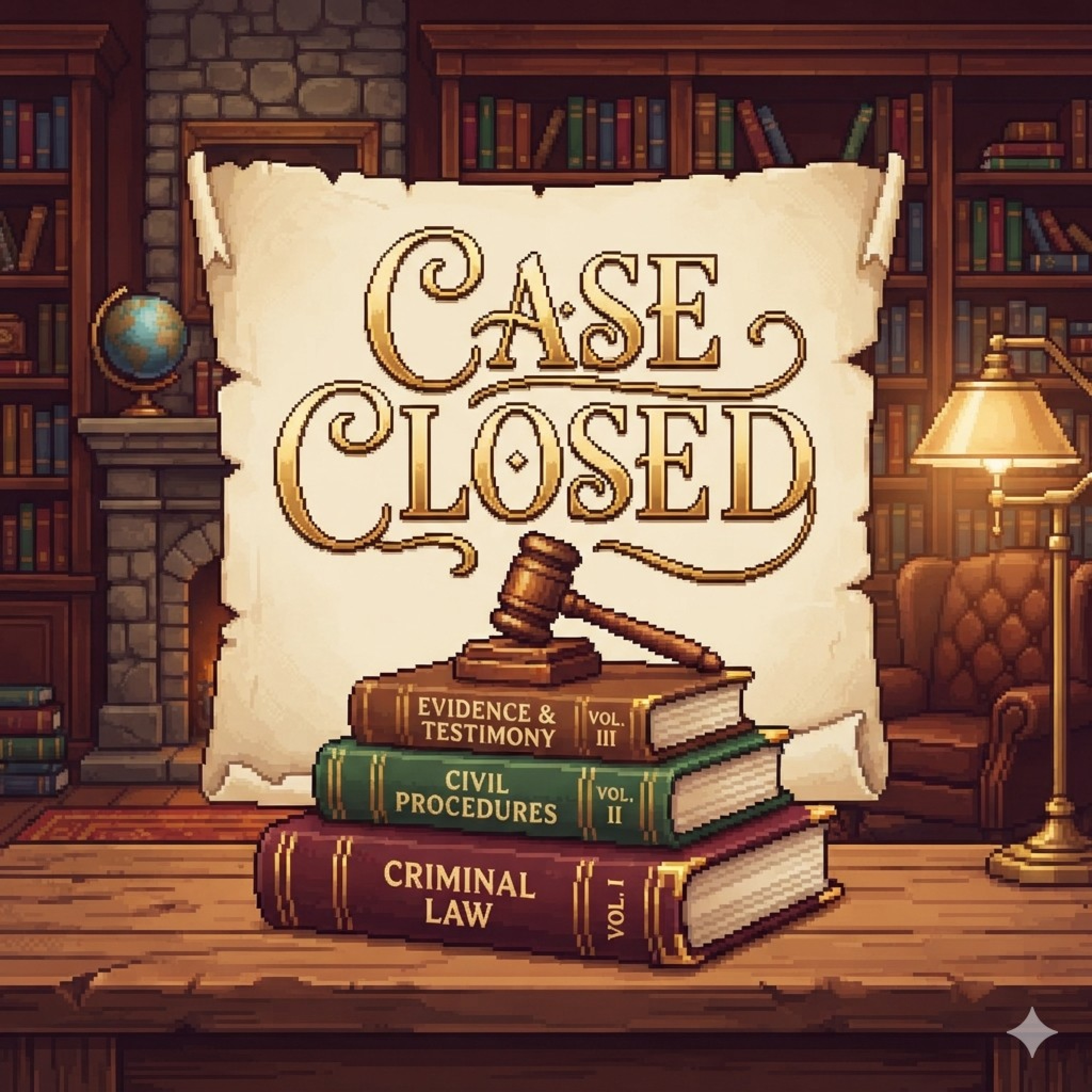 CASE CLOSED — a study of law books, a gavel, and a parchment title scroll